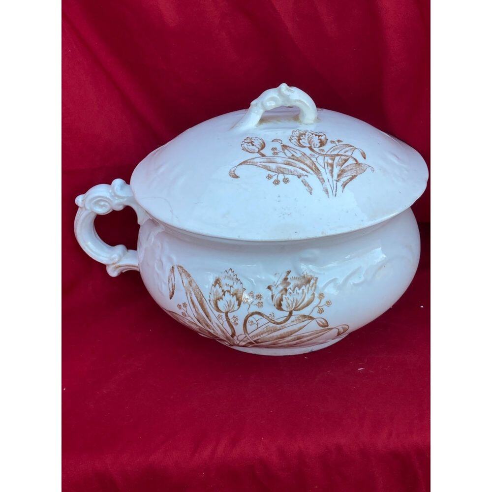 Antique Wheeling Pottery Co. Stoneware Gold Floral Transferware Chamber Pot
